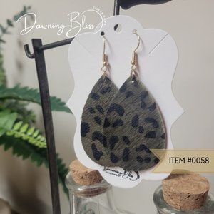 Green Animal Print Tear Drop Faux Leather Earring, Light weight.